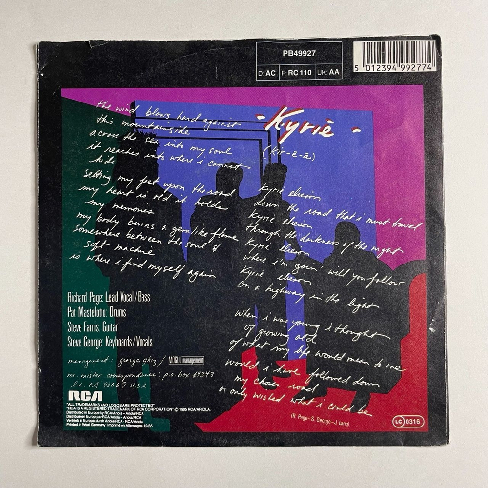 Винтажная виниловая пластинка LP Mr. Mister Kyrie (Germany 1986) 7 дюймов, 45 RPM, Single