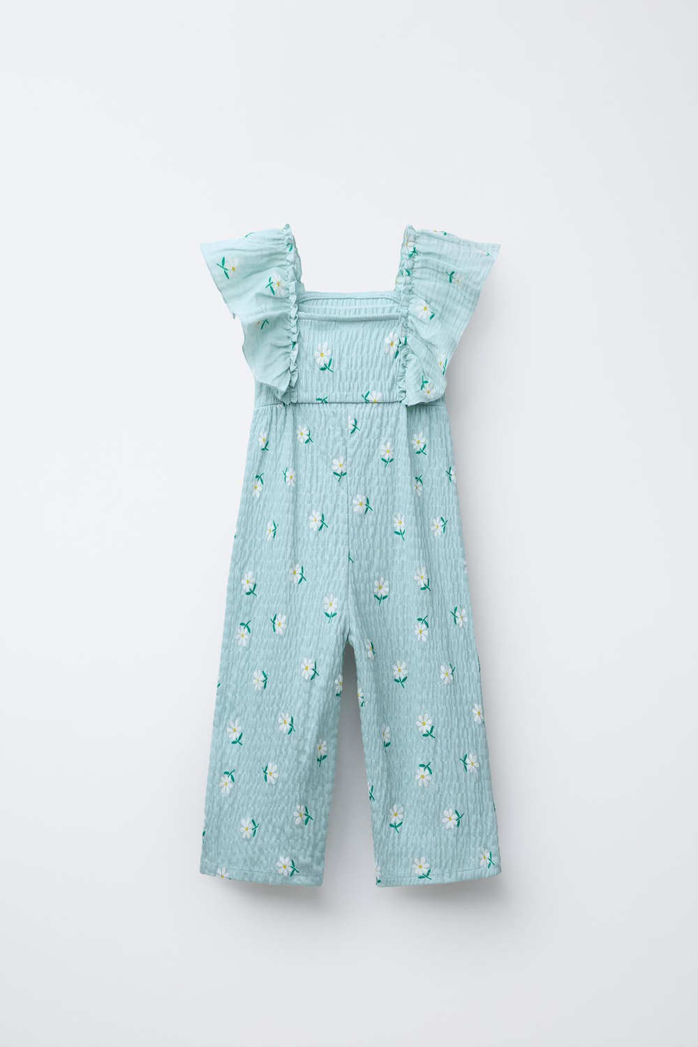 ZARA КОМБИНЕЗОН ИЗ РЕЛЬЕФНОЙ ТКАНИ С ВОЛАНАМИ, ГОЛУБОЙ