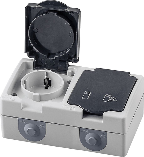 Розетка 2 местная STEKKER Велена серый с/з 16А 250В IP54