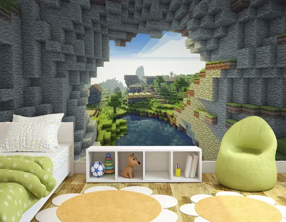 Фотообои флизелиновые 500х280см. на стену. Серия KIDS ARTDELUXE. Мир Майнкрафт. Обои дизайнерские, эксклюзивные для детской комнаты мальчика/девочки.