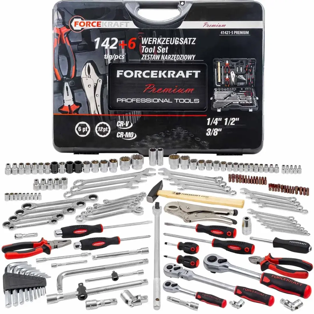 Набор инструментов 142+6пр. 1/4''3/8''1/2''(6-гран.)(4-36мм, 27,30,32,36-12гр.)+(ключи трещоточные:8х10,12х13,14х15,16х17,18х19мм, бокорезы-7'') FORCEKRAFT FK-41421-5 PREMIUM