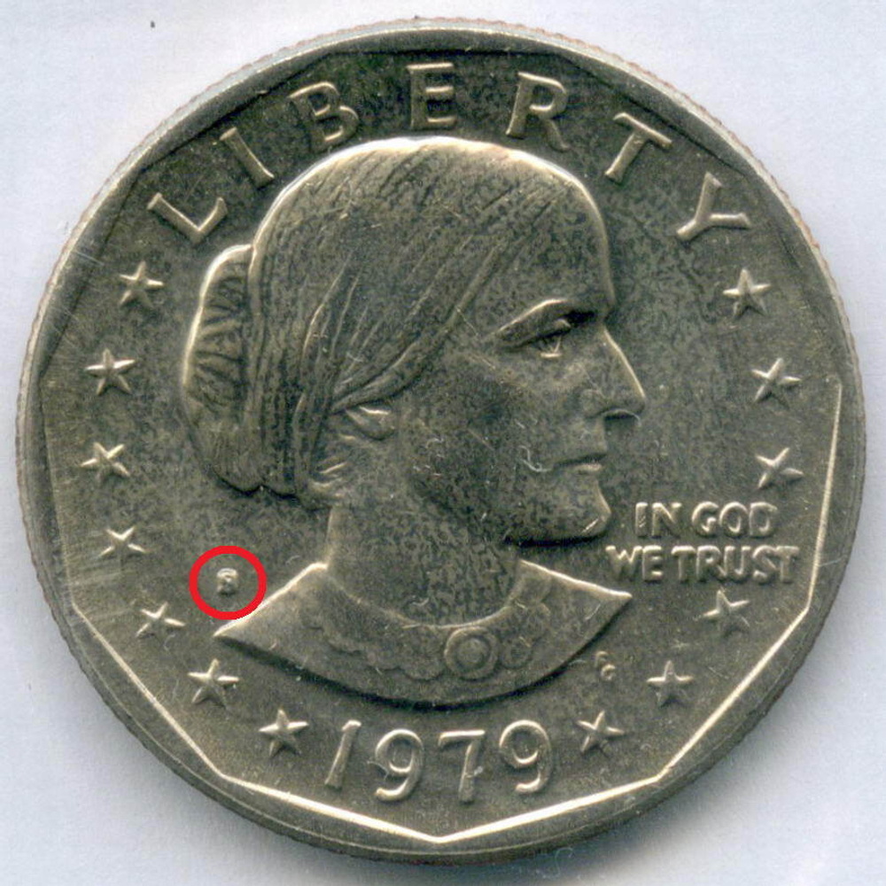 1 доллар 1979 год (S). США. Сьюзен Энтони. Медь с медно-никелевым покрытием, диаметр 26.5 мм в родной запайке