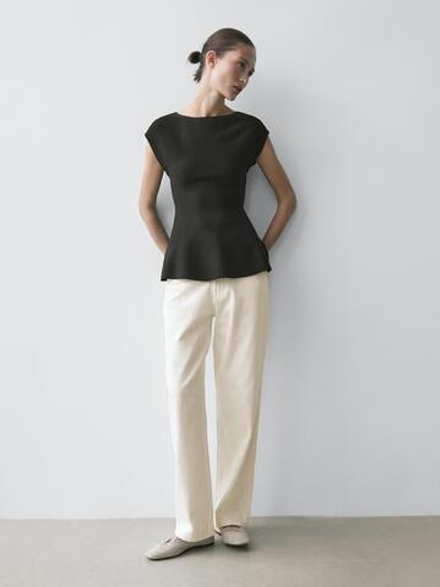 Massimo Dutti Трикотажный топ с круглым вырезом, черный
