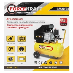 Компрессор поршневой с прямым приводом (ресивер 24л, 8 бар, 138л/м, 1100W, 230V) FORCEKRAFT FK-BM20/24