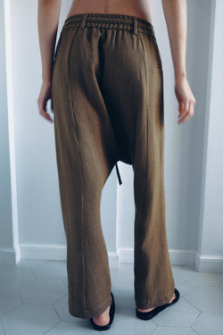 ZARA БРЮКИ BAGGY ИЗ СМЕСОВОГО ЛЬНА, КОРИЧНЕВЫЙ
