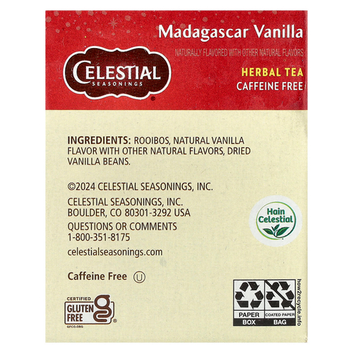 Celestial Seasonings, Herbal Tea, мадагаскарская ваниль, без кофеина, 20 чайных пакетиков, 43 г (1,5 унции)
