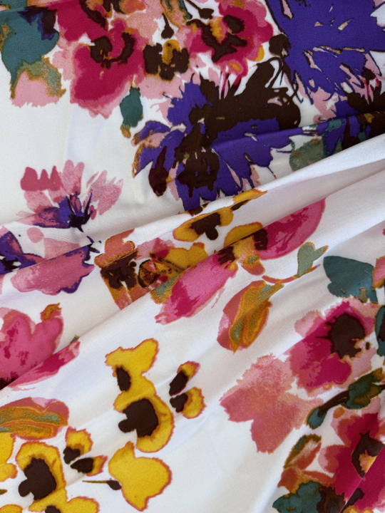 штапель принт цветы крупные оранж/фиолет/коричневый на розовом D27C1