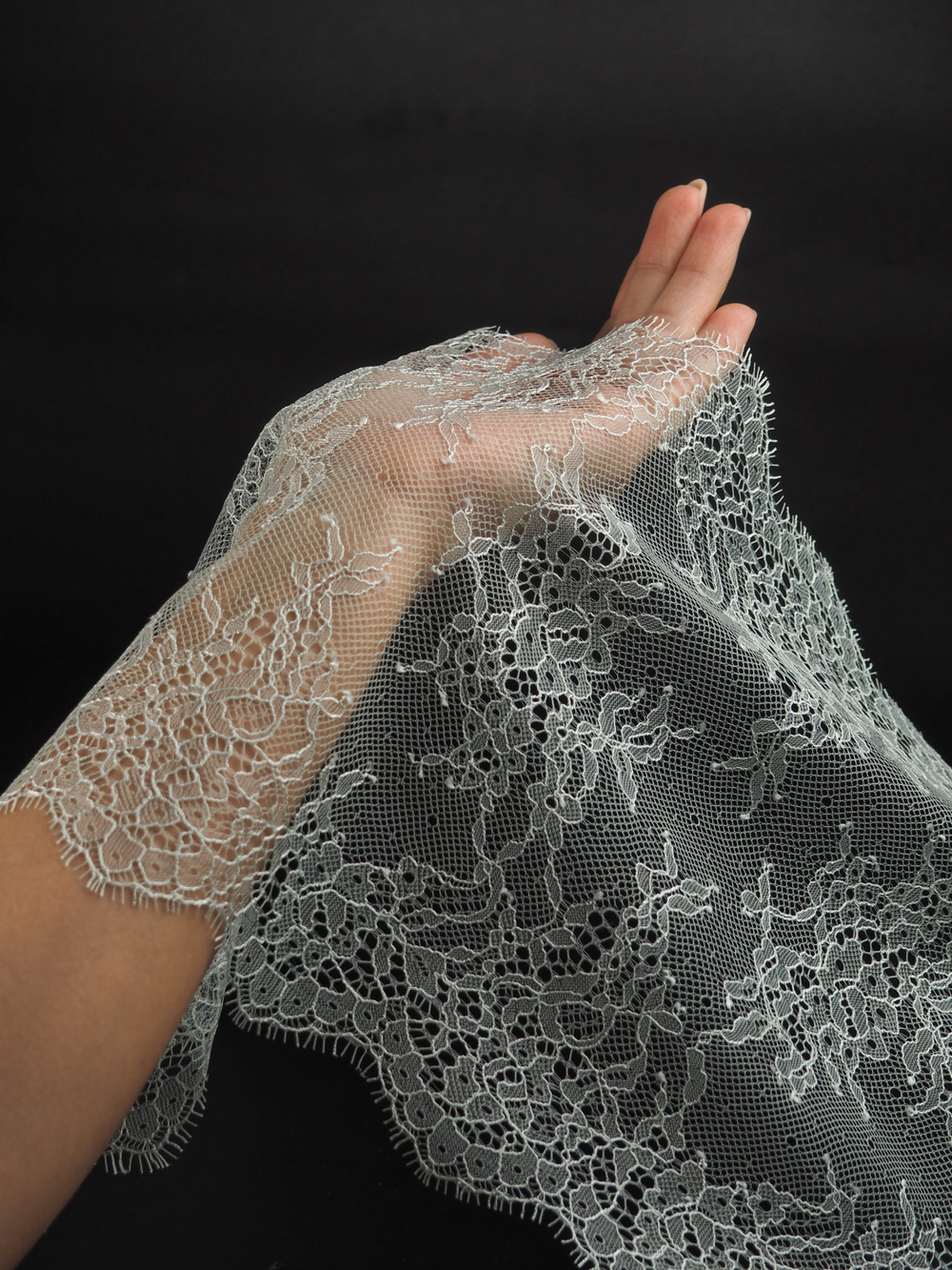 Кружево шантильи дымчатый ментол неэластичное ширина 22 см длина 1.45 м