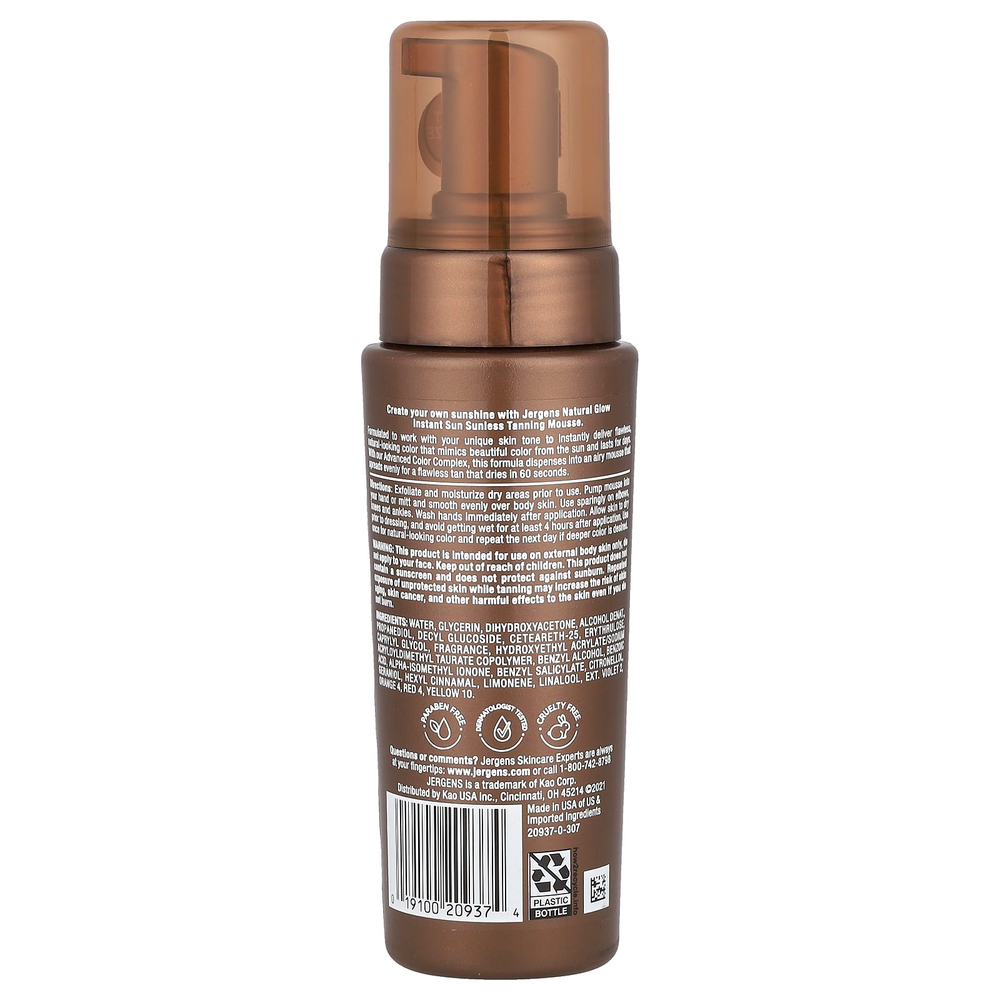 Jergens, Natural Glow, Instant Sun, мусс для автозагара, светло-бронзовый, 177 мл