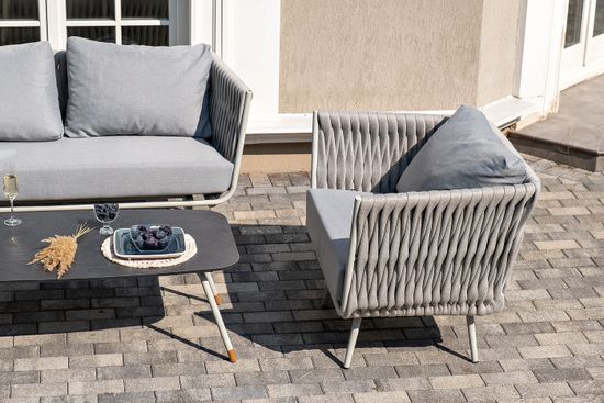 "Монако" лаунж-зона 4-местная из роупа со столом "Верона" (серый гранит), каркас светло-серый, роуп светло-серый