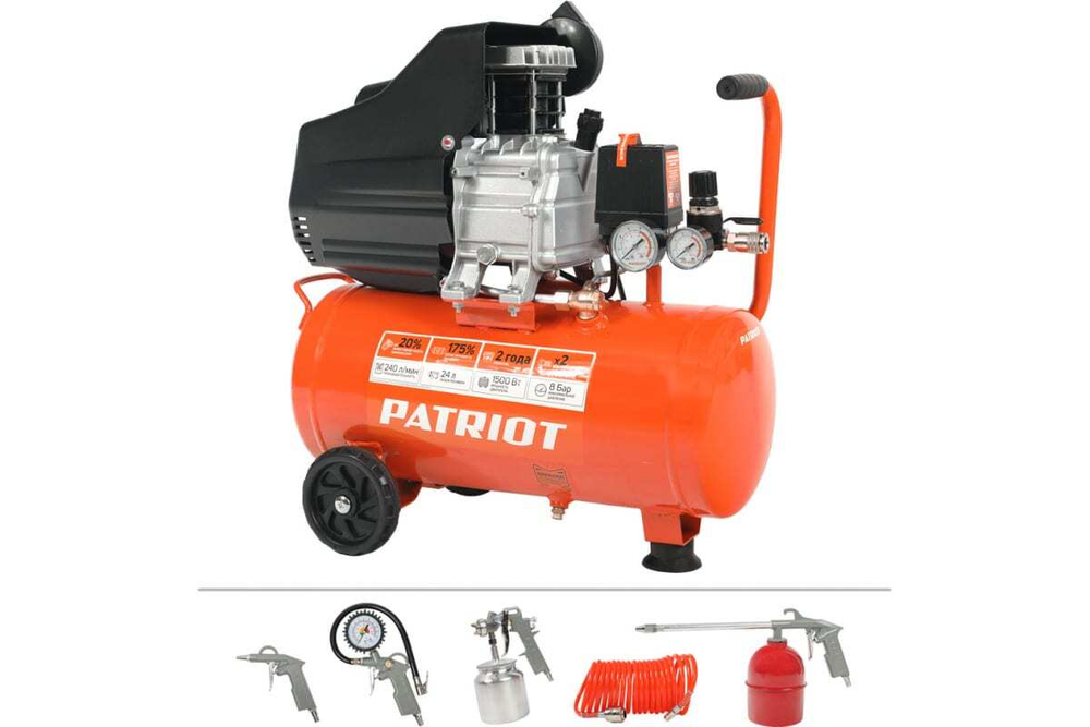 Компрессор Patriot поршневой масляный EURO 50-260K, 260 л/мин, 8 бар, 1800 Вт, 50 л, быстросъемный 1/4" + "елочка", набор пневмоинструмента KIT 5В