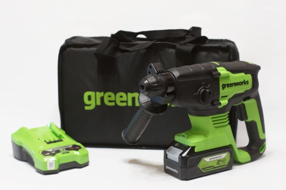 Аккумуляторный перфоратор Greenworks GD24SDS2, 3803007UB,24v, 2 Дж, АКБ 4 А·ч и ЗУ в сумке