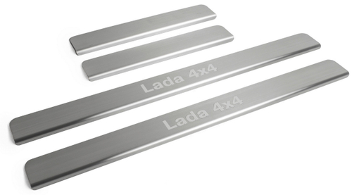 Накладки на пороги Rival для ВАЗ 2131 (4x4) 5-дв. 1993-н.в., нерж. сталь, с надписью, 4 шт., NP.6006.3