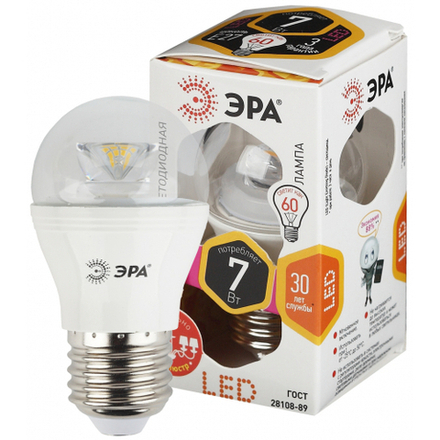 Лампочка светодиодная ЭРА STD LED P45-7W-827-E27-Clear E27 / Е27 7Вт шар теплый белый свет