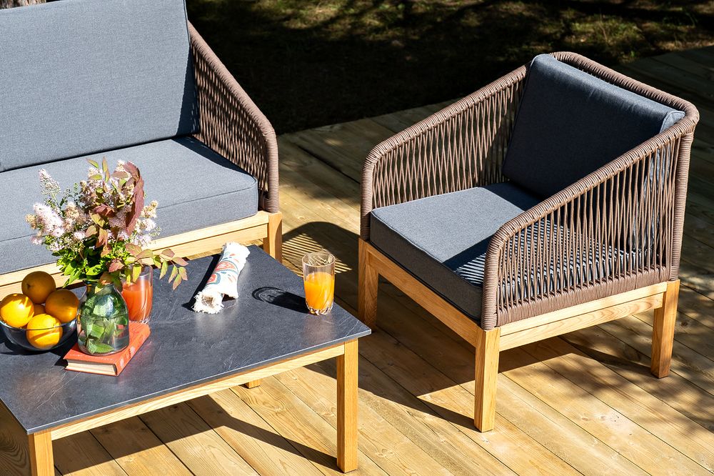 "Канны" лаунж-зона 4-местная из роупа со столиком "Канны" (серый гранит), основание дуб, роуп коричневый