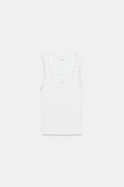 ZARA ТОП С ЖЕМЧУГОМ И КРУЖЕВОМ, ЖЕЛТОВАТО-БЕЛЫЙ