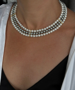 Колье "Парижанка 2" 3 ряда из серого и белого жемчуга Майорка 0,8 см с цирконами, оттенок золото