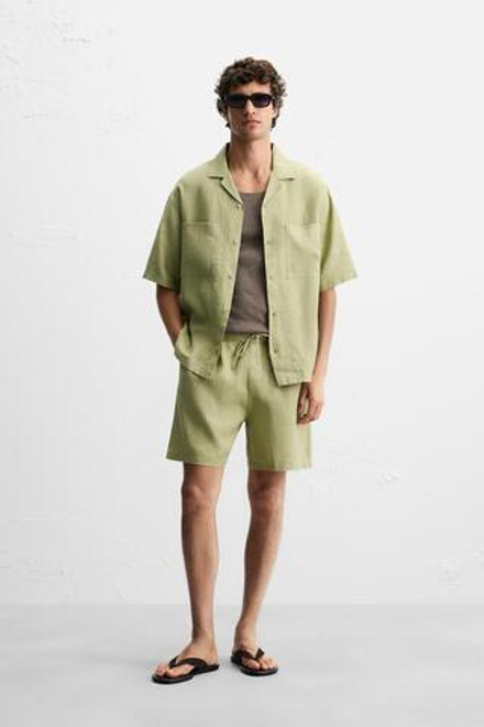 ZARA ШОРТЫ ИЗ 100% ЛЬНА, ЗЕЛЕНЫЙ