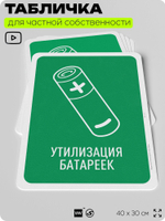 Табличка для сортировки отходов "Утилизация батареек", для контейнеров, пунктов раздельного сбора, организаций и дворовых территорий, информационная, 40х30 см, Silver Plane x Айдентика Технолоджи