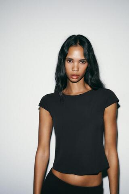 ZARA ФУТБОЛКА С КОРОТКИМИ РУКАВАМИ, ЧЕРНЫЙ