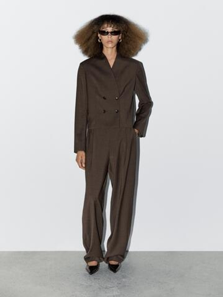 Massimo Dutti Брюки с широкими штанинами и вытачками из 100% шерсти - STUDIO, коричневый