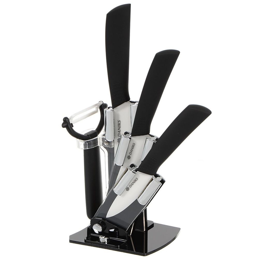 Набор ножей 5 пр, 12.5;10;7.5 см, овощечист, керамика, рук пласт, с подст, акрил, Daniks, Бремен, JA