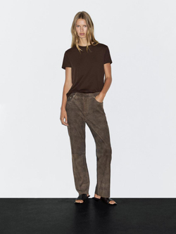 Massimo Dutti Футболка из плотного хлопка с декоративными швами, коричневый