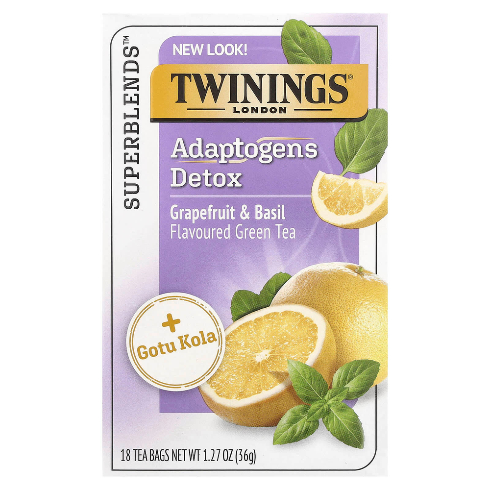 Twinings, Detox, адаптогены, зеленый чай со вкусом грейпфрута и базилика, 18 чайных пакетиков, 36 г (1,27 унции)