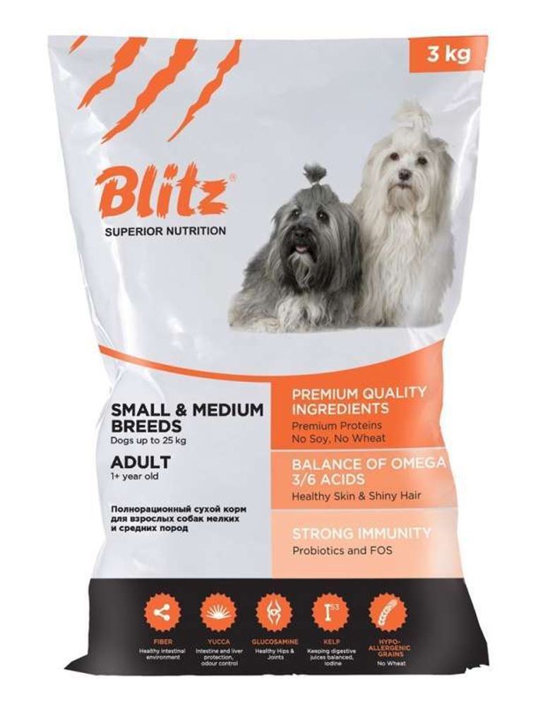 BLITZ 3кг ADULT MEDIUM &amp; SMALL BREED корм для взрослых собак средних и мелких пород