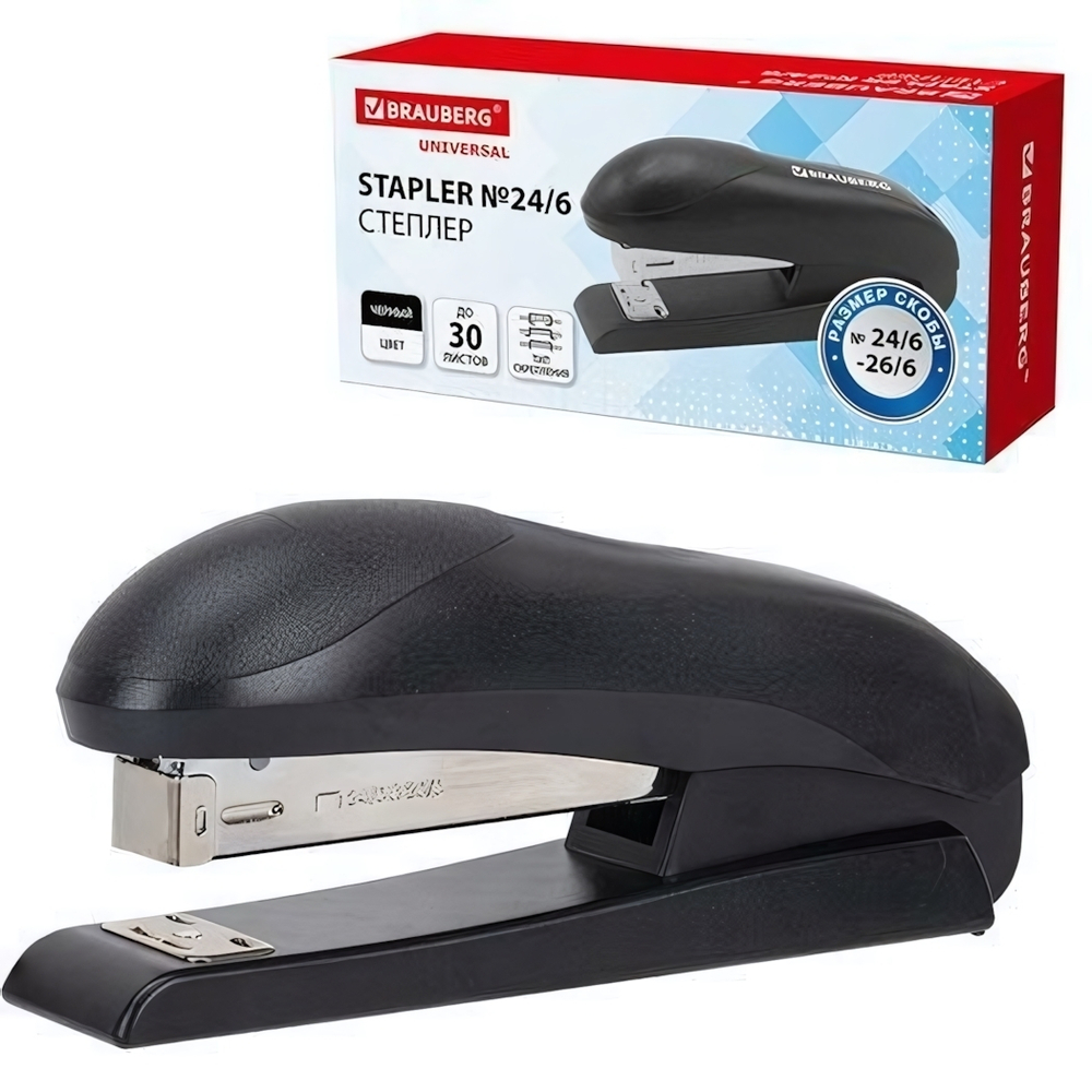 Степлер №24/6, №26/6 "Universal" до 30 листов, на 100 скоб, черный, 272716 (BRAUBERG)
