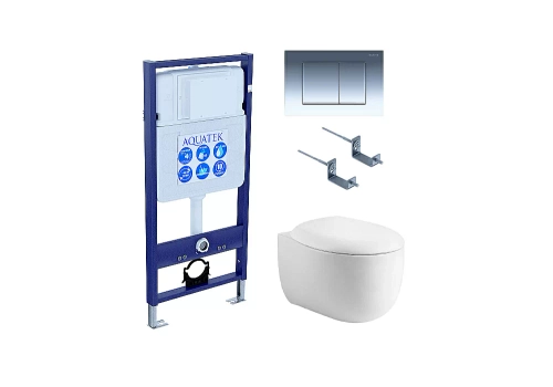 Унитаз Aquatek Альтаир SET AQUATEK АЛЬТАИР cm-010 4в1 с инсталляцией и кнопкой хром глянцевый, с крышкой микролифт, безободковый
