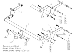 Фаркоп для Renault Logan 2005-2022 без выреза бампера, Renault Sandero 2014-2022. Тип шара: A. Нагрузки: 1200/75 кг, RN 15