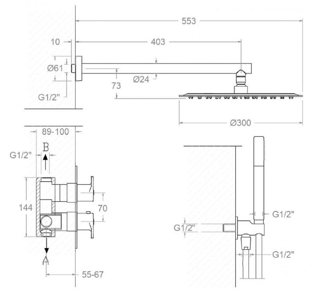 Встраиваемый термостатический смеситель для душа с тропическим и ручным душ ALEXIA K3687012NM чёрный