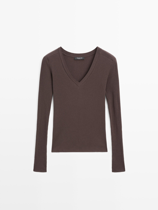 Massimo Dutti Футболка в рубчик с длинными рукавами, коричневый