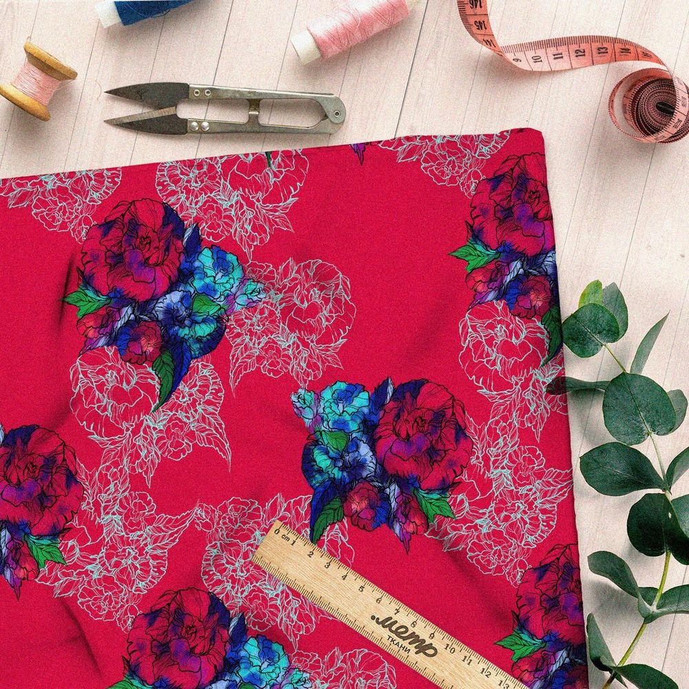 Ткань шелк Армани красно-синие цветы