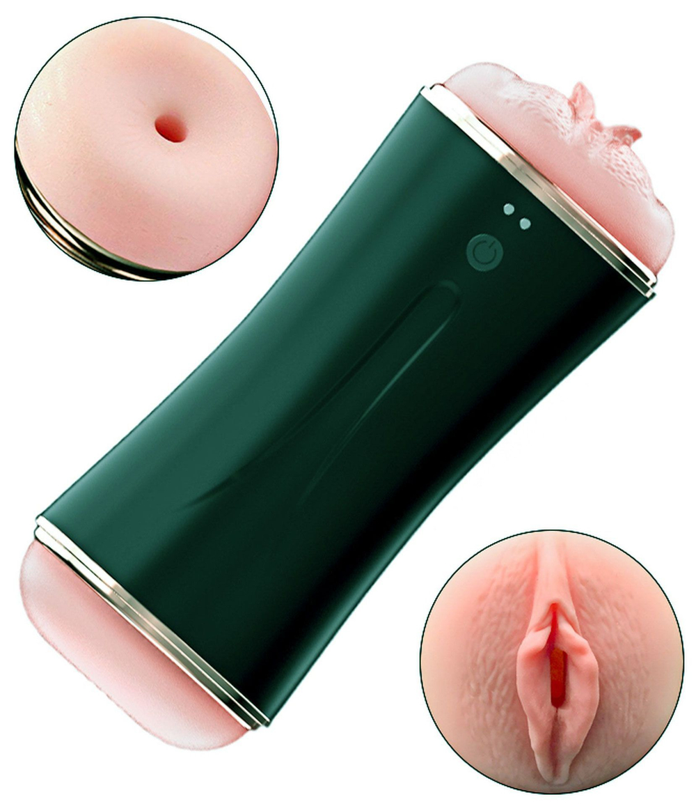 Двусторонний мастурбатор с вибрацией - вагина и анус (Цвет: черный с бежевым)