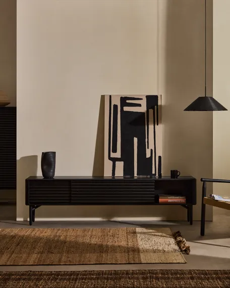 Тумба под телевизор Lenon, 2 дверцы черная из массива и шпона дуба