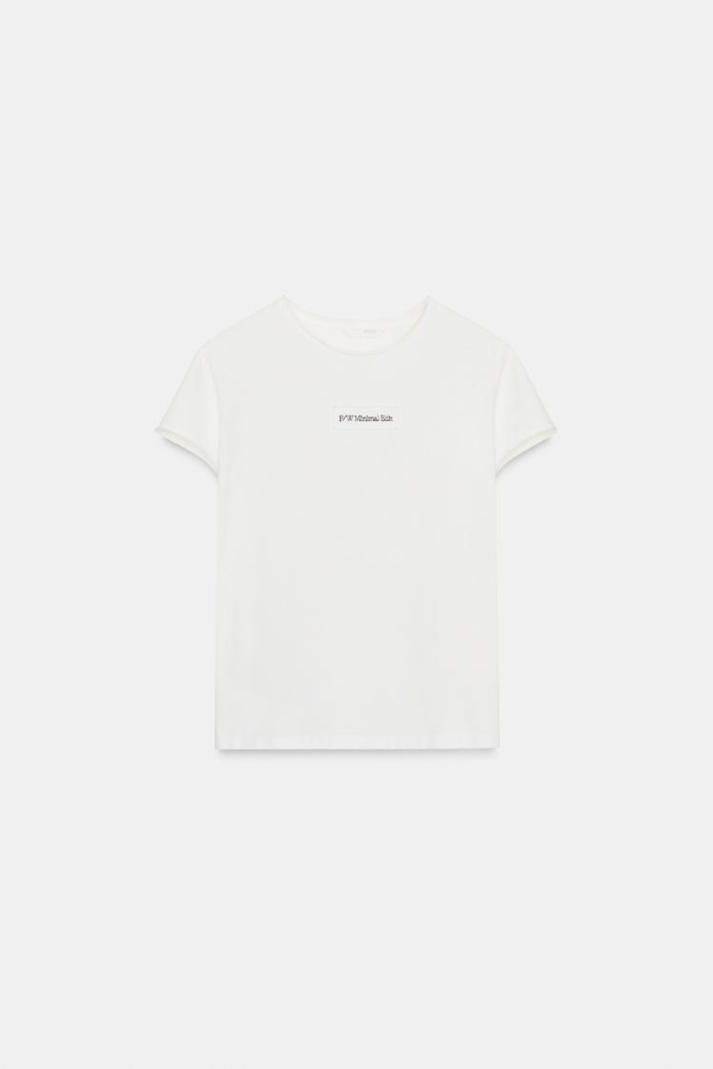 ZARA ФУТБОЛКА С ВЫШИТЫМ ТЕКСТОМ, ЖЕЛТОВАТО-БЕЛЫЙ