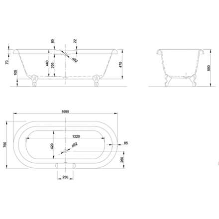 Ванна отдельностоящая VINTAGE, 170х76, слив-перелив тип C, белая/золото, BT-VINT17076FC-BNGL