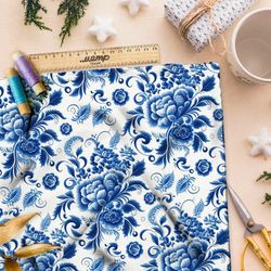 Ткань кулирная гладь цветы и розы гжель