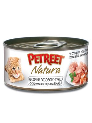 Консервы для кошек кусочки розового тунца с крабом сурими 70 г, Petreet