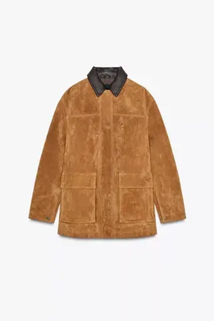 ZARA КУРТКА ИЗ 100% ЗАМШИ С КОНТРАСТНОЙ ДЕТАЛЬЮ И СКЛАДКАМИ, РЫЖЕВАТО-КОРИЧНЕВЫЙ