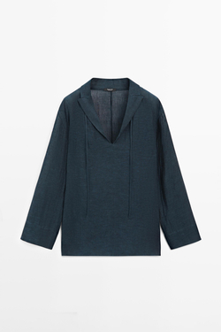 Massimo Dutti Блуза из 100% струящегося льна с отложным воротником, свинцовый