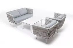 "Монако" лаунж-зона 4-местная из роупа со столом "Верона" (серый гранит), каркас светло-серый, роуп светло-серый