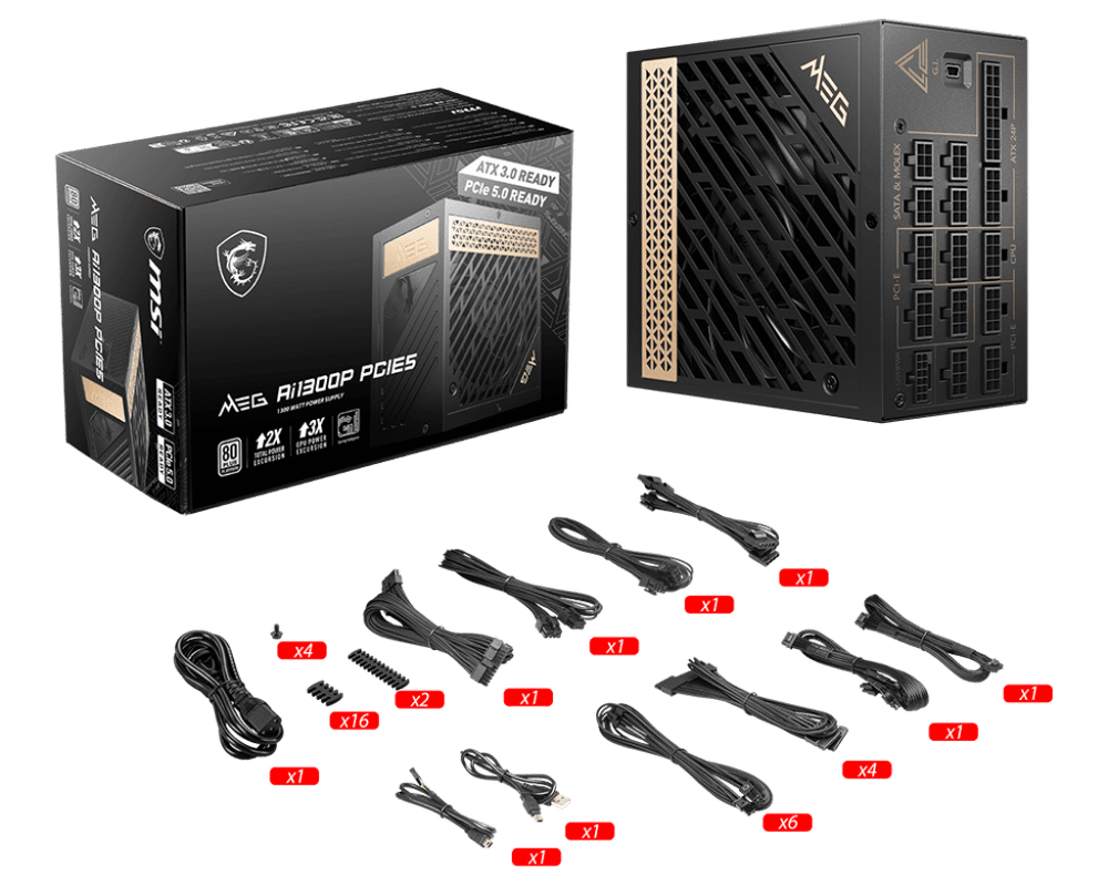 Блок питания MSI 1300W, MEG Ai1300P PCIE5, Full Modular, ATX, 80+ PLATINUM, >92%, Fan 120mm, Черный