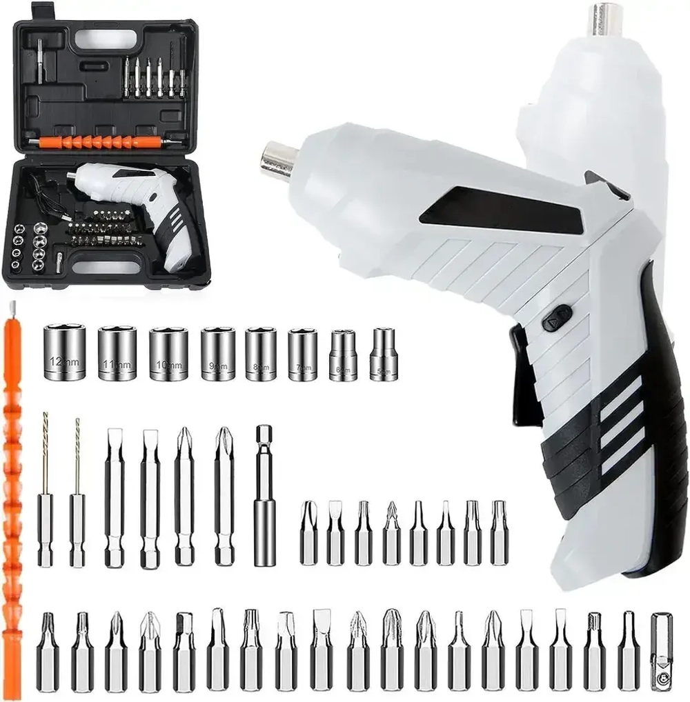 Отвертка электрическая аккумуляторная с набором бит 47 штук. Шуруповерт аккумуляторный. Электроотвертка. Серый