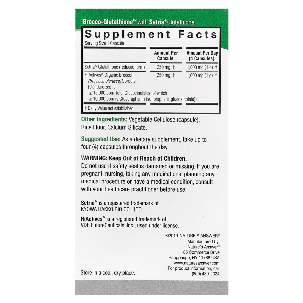 Nature's Answer, Brocco-Glutathione, средство с брокколи и глутатионом, 500 мг, 60 растительных капсул