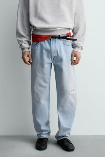 ZARA ДЖИНСЫ STRAIGHT FIT С РАЗРЕЗАМИ, ГОЛУБОЙ