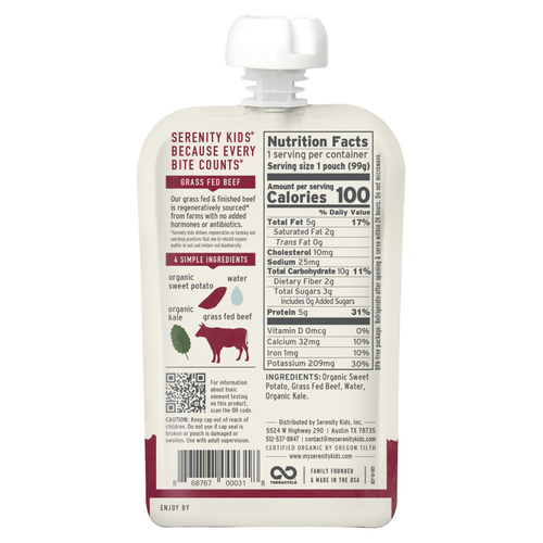 Serenity Kids, говядина травяного откорма с органической капустой и бататом, для детей от 6 месяцев, 99 г (3,5 унции)