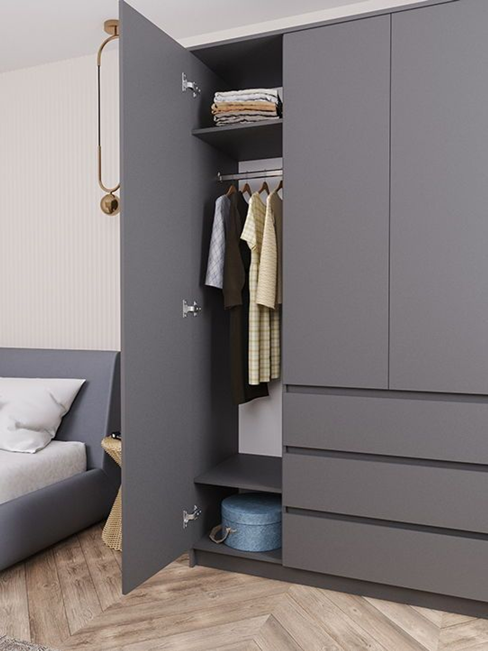 МОРИ МШ1600 Шкаф с 4мя дв и 3мя ящ. (ш1604*г478*в2100мм), ЛДСП Графит